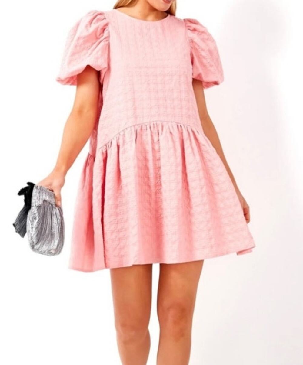English Factory Penelope Mini Dress Pink Puff Sleeve Tie Back Textured Size S